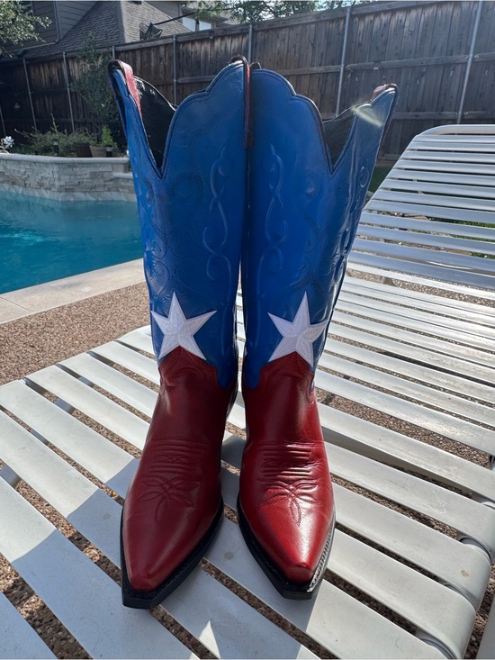 Justin Boots Shoes - Recycled Justin Boots Red, Blue & White Star Heeled Cowboy Boots